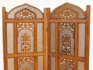 An Eastern hardwood two fold screen, with fretwork paneling and carved decoration of trees in... - 2