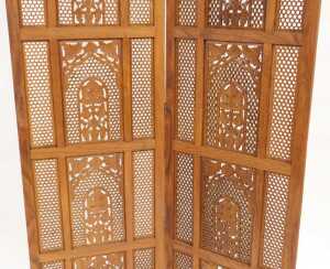 An Eastern hardwood two fold screen, with fretwork paneling and carved decoration of trees in... - 3