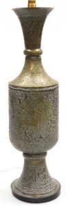 An early 20thC Anglo-Indian brass vase, converted to a table lamp, embossed with huntsman, gurus,... - 2