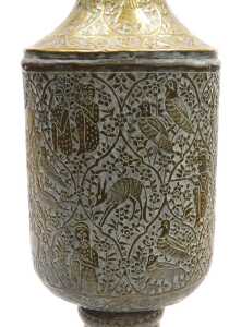 An early 20thC Anglo-Indian brass vase, converted to a table lamp, embossed with huntsman, gurus,... - 5