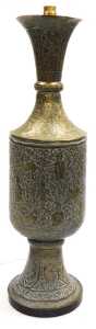An early 20thC Anglo-Indian brass vase, converted to a table lamp, embossed with huntsman, gurus,... - 6