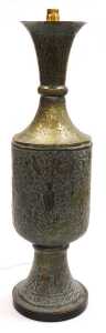 An early 20thC Anglo-Indian brass vase, converted to a table lamp, embossed with huntsman, gurus,... - 8