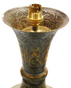 An early 20thC Anglo-Indian brass vase, converted to a table lamp, embossed with huntsman, gurus,... - 10