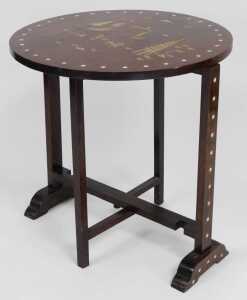 An early 20thC Oak tilt top occasional table, chinoiserie decorated in stained Mother of Pearl... - 2