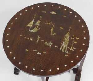 An early 20thC Oak tilt top occasional table, chinoiserie decorated in stained Mother of Pearl... - 3