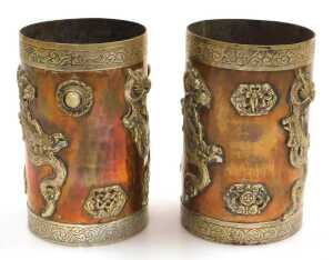 Two early 20thC Oriental copper vessels, of cylindrical form, applied in white metal with... - 2