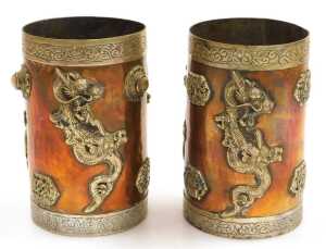 Two early 20thC Oriental copper vessels, of cylindrical form, applied in white metal with... - 3