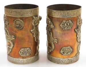 Two early 20thC Oriental copper vessels, of cylindrical form, applied in white metal with... - 4