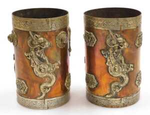 Two early 20thC Oriental copper vessels, of cylindrical form, applied in white metal with... - 5