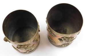 Two early 20thC Oriental copper vessels, of cylindrical form, applied in white metal with... - 6