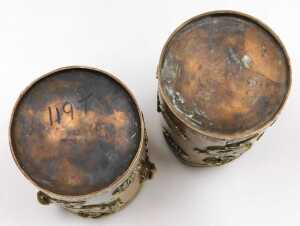 Two early 20thC Oriental copper vessels, of cylindrical form, applied in white metal with... - 7