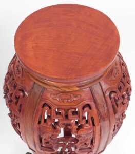 A pair of Chinese hardwood urn stands, stained red, each with a plain circular top, above... - 7