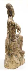 A Qing Dynasty 19thC Chinese wooden figure of Guanyin, modelled seated upon a rocky base,... - 4
