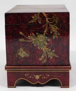 A Chinese scumbled red and black lacquer chest, decorated with birds and flowers, having a... - 5