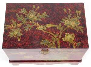 A Chinese scumbled red and black lacquer chest, decorated with birds and flowers, having a... - 6