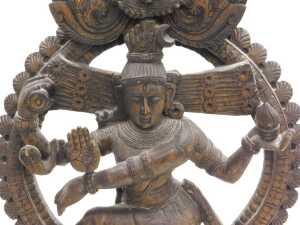 A 20thC Nataraja carved wooden sculpture of Lord Shiva, balanced on a dwarf Apasmara holding a... - 2