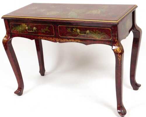 A Chinese scumble red black lacquer side table, with two frieze draws, decorated with birds and...