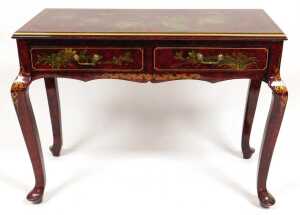 A Chinese red and black lacquer side table, with two frieze drawers, decorated with birds and... - 2