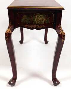 A Chinese red and black lacquer side table, with two frieze drawers, decorated with birds and... - 3