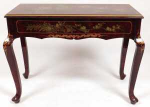 A Chinese red and black lacquer side table, with two frieze drawers, decorated with birds and... - 4