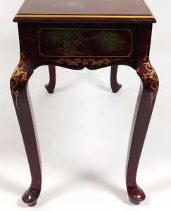 A Chinese red and black lacquer side table, with two frieze drawers, decorated with birds and... - 5