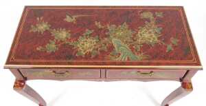 A Chinese red and black lacquer side table, with two frieze drawers, decorated with birds and... - 6