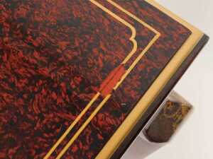A Chinese red and black lacquer side table, with two frieze drawers, decorated with birds and... - 7