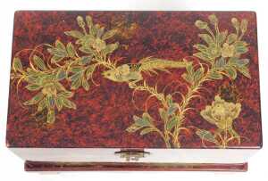 A Chinese scumbled red and black lacquer chest, decorated with birds and flowers, having a... - 7