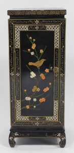 A Chinese black lacquered side cupboard, of square form, decorated with flowers, the sides... - 2
