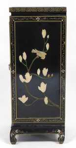 A Chinese black lacquered side cupboard, of square form, decorated with flowers, the sides... - 3