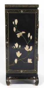A Chinese black lacquered side cupboard, of square form, decorated with flowers, the sides... - 4