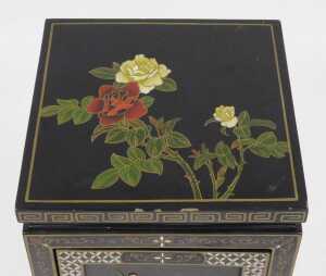 A Chinese black lacquered side cupboard, of square form, decorated with flowers, the sides... - 5