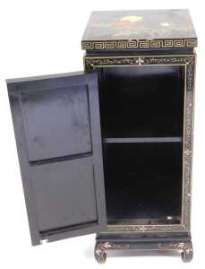 A Chinese black lacquered side cupboard, of square form, decorated with flowers, the sides... - 6