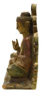A 20thC Chinese carved wooden figure of Buddha, modelled seated in the lotus position, with a... - 2