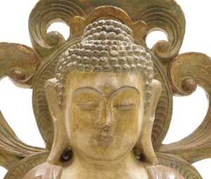 A 20thC Chinese carved wooden figure of Buddha, modelled seated in the lotus position, with a... - 5