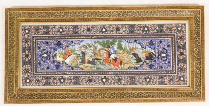 Persian School (early 20thC). A hunt in full flow, within a mihrab, and floral borders, in an...