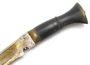 A 20thC Gurkha kukri knife, with a brass capped handle, and two additional knives, in a leather... - 2