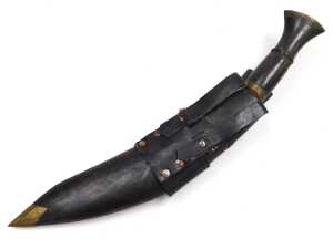 A 20thC Gurkha kukri knife, with a brass capped handle, and two additional knives, in a leather... - 8