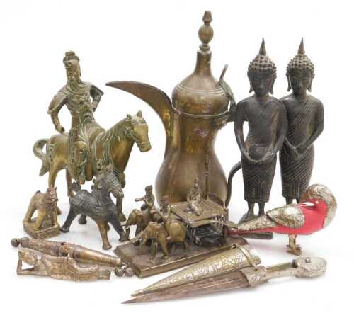 A group of Asian metalwares, including a Turkish coffee pot, two cast metal figures of Buddha, a...