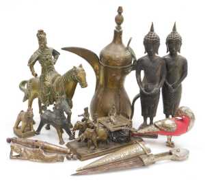 A group of Asian metalwares, including a Turkish coffee pot, two cast metal figures of Buddha, a...