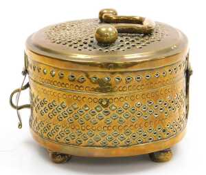 A 19thC Indian brass pandan box, of oval form, with handle to the lid, raised on four bun feet,... - 3