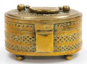 A 19thC Indian brass pandan box, of oval form, with handle to the lid, raised on four bun feet,... - 4
