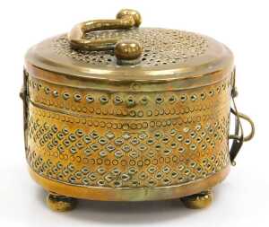 A 19thC Indian brass pandan box, of oval form, with handle to the lid, raised on four bun feet,... - 5