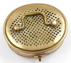 A 19thC Indian brass pandan box, of oval form, with handle to the lid, raised on four bun feet,... - 6