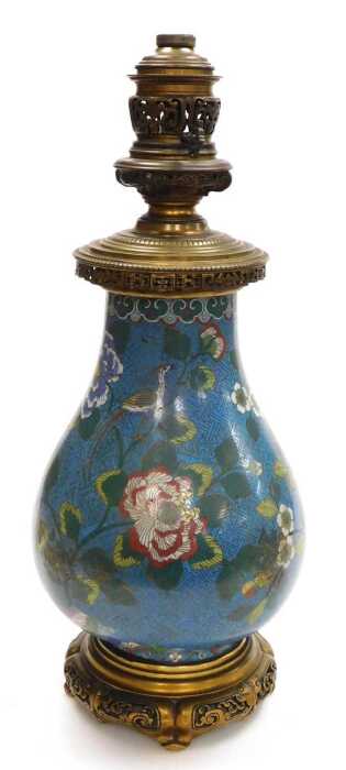 A late 19thC Chinese turquoise cloisonne enamel and ormolu mounted table lamp, of pear shaped...