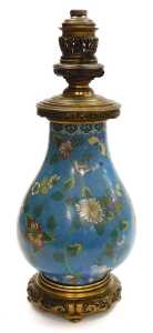 A late 19thC Chinese turquoise cloisonne enamel and ormolu mounted table lamp, of pear shaped... - 3
