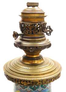 A late 19thC Chinese turquoise cloisonne enamel and ormolu mounted table lamp, of pear shaped... - 6