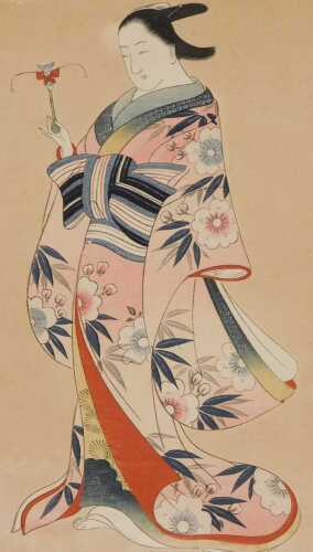 Japanese School (early 20thC). A beautiful woman in a spring dress, holding a traditional toy,...