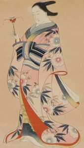 Japanese School (early 20thC). A beautiful woman in a spring dress, holding a traditional toy,...