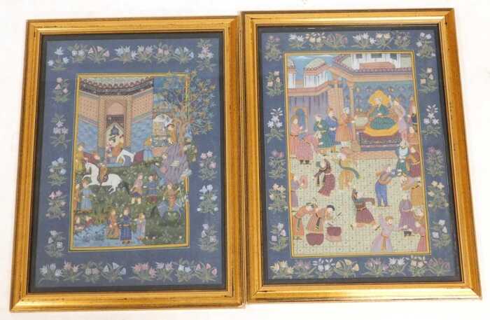 Indian School (19thC). Garden scene, with courtiers, figures on horseback, within a floral...